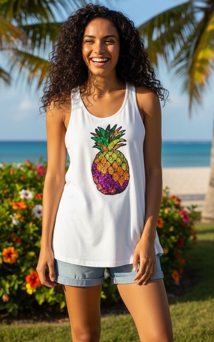 NEW Sequin Pineapple Racerback Tank Top Tropical Colorful Shiny Sparkle Sporty M